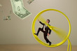 A businessman is running on a hamster wheel fruitlessly chasing a dollar bill hanging just outside his reach representing many financial business concepts