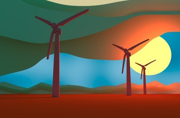 Wind Turbine landscape illustration. Renewable energy development relative theme. 