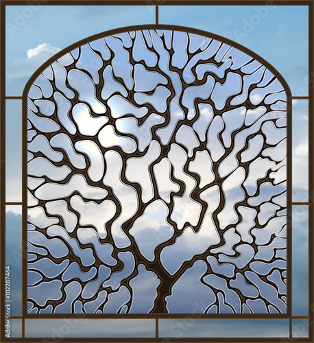 Obraz w ramie Illustration in stained glass style window view with a tree against the sky