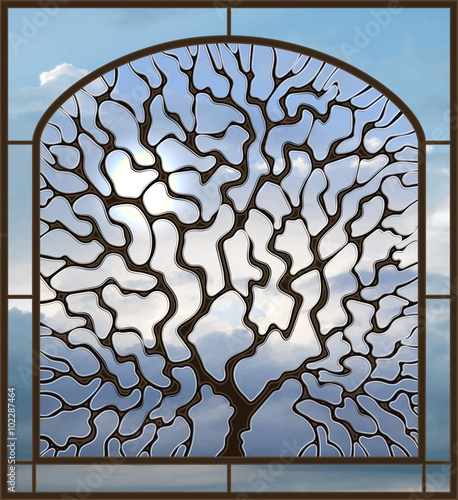 Naklejka na drzwi Illustration in stained glass style window view with a tree against the sky