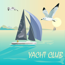 Vector Illustration Of A Sailing Regatta. Sailing Into The Sunset, Seagulls, Ocean And Romance.
