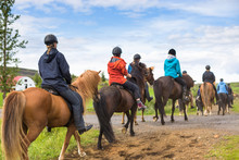 Group Of Horseback Riders Ride  In Iceland