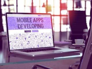 Mobile Apps Developing Concept Closeup on Landing Page of Laptop Screen in Modern Office Workplace. Toned Image with Selective Focus. 3D Render.