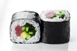 Close up shot of traditional fresh japanese sushi  rolls  on a white background 