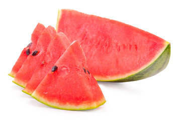 Wall Mural - Watermelon slices on white background in selective focus.