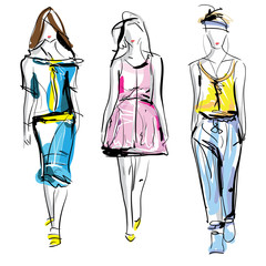 Colorful fashion models sketch isolated, vector