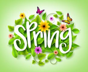 Wall Mural - spring title text with vector green leaves in the background with colorful flowers and butterflies d