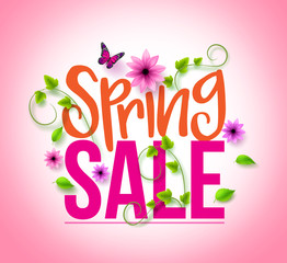 Wall Mural - spring sale design with colorful flowers, vines and leaves with flying butterflies in background for