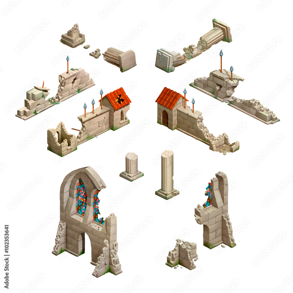 Big set of medieval buildings, isometric game art on white Stock Vector ...