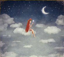 Image Of A Young Woman On Cloud,  Lit  Star  In Night Sky