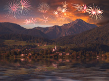 Mountain Landscape With Fireworks