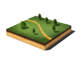 ground cutaway with grass, trees and footpath isolated on white