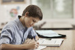 © Mint Images - A boy sitting at a desk in class using school books and holding a pen.