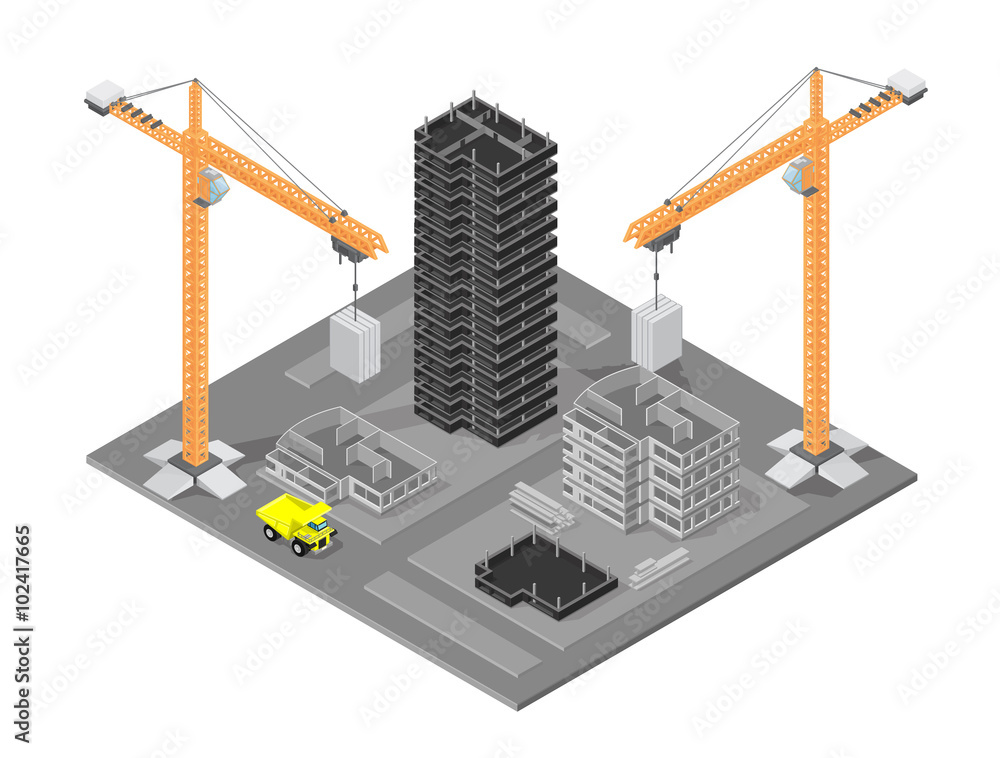 Isometric vector illustration of a construction site with cranes and ...