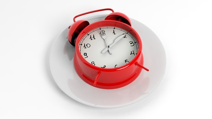 Canvas Print - Red alarm clock with fork and knife pointers on plate, isolated on white background.