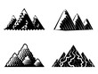 Icon set of mountains in black-and-white colors. Vector symbols collection of mountain range. Qualitative vector signs about travel, nature, climbing, landscape, tourism, geology, expedition, etc