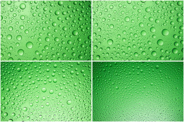 Set of four green water drops on glass surface textures.