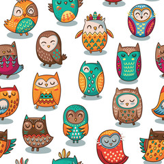 Wall Mural - Seamless pattern with tribal owls