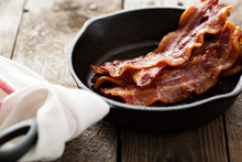 Sizzling Hot Bacon In A Cast Iron Skillet