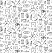 Seamless background hand drawn doodle Theatre set Vector illustration Sketchy theater icons Acting performance elements Ticket Masks Lyra Flowers Curtain stage Musical notes Pointe shoes Make-up tools