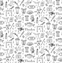 Seamless Background Hand Drawn Doodle Theatre Set Vector Illustration Sketchy Theater Icons Acting Performance Elements Ticket Masks Lyra Flowers Curtain Stage Musical Notes Pointe Shoes Make-up Tools