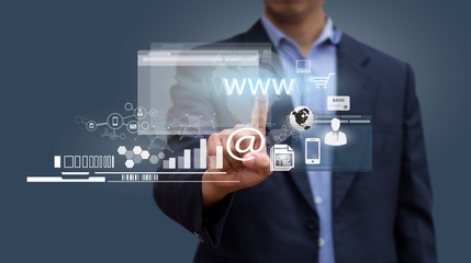 businessman working on virtual interface internet computer. design concept of business and technolog