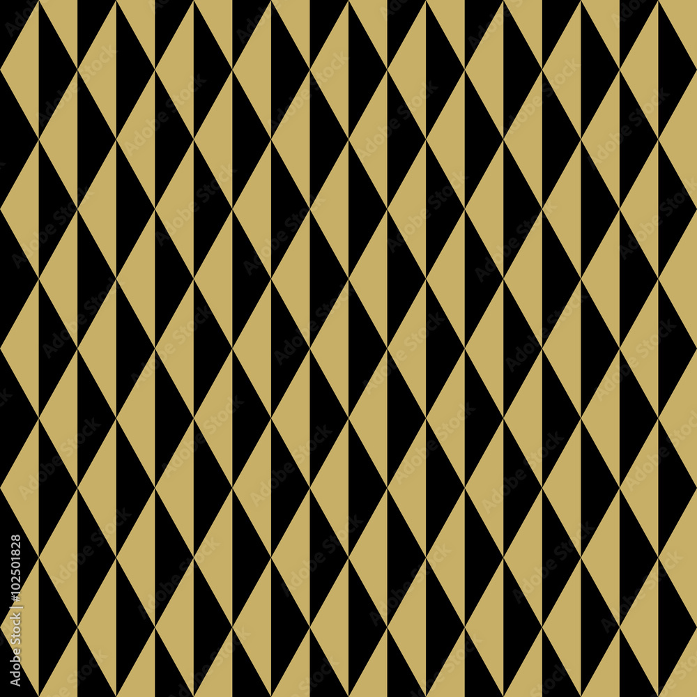 Geometric vector pattern with black and golden triangles. Seamless abstract background