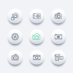 Wall Mural - camera, photography line icons, dslr, aperture, round modern icons set, vector illustration