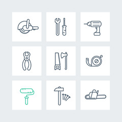 Poster - construction tools line icons, wrench, drill, saw, square icons set, vector illustration