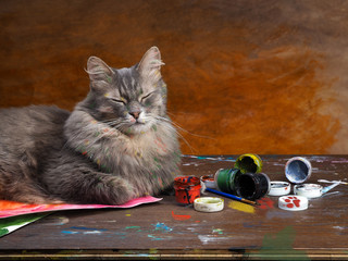 Artistic mess with the cat-artist. Cat playing with colors on the table. The paint is poured, the cat smeared in paint. Cans of paint. Portrait of multi-colored cat