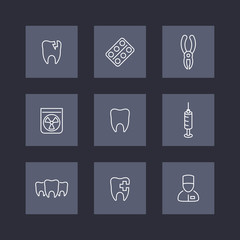 Canvas Print - Tooth, dental care, stomatologist, toothcare, stomatology, line icons on squares, vector illustration