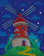 Poster - Hill with windmill at night