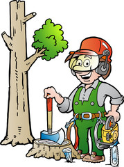 Canvas Print - Vector Cartoon illustration of a Happy Working Lumberjack or Woodcutter