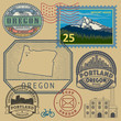 Stamp set with the name and map of Oregon, United States
