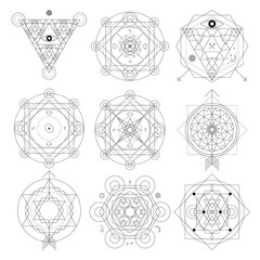 Abstract mystical geometry symbol set. Linear alchemy, occult, philosophical signs.