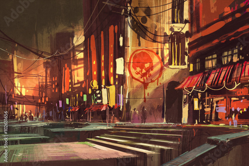 Zdjęcie XXL scena sci-fi przedstawiająca ulicę handlową, futurystyczny pejzaż miejski