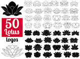 Lotus flowers black and white silhouettes, flat icons. Set 50 fi