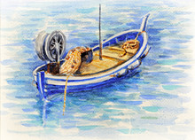 Watercolor Picture Fishing Boat In Mediterranean Sea
