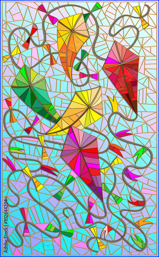 Naklejka - mata magnetyczna na lodówkę Colorful kites in the sky in the stained glass style