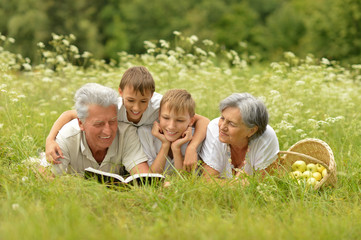 Poster - Family with book on summer grass