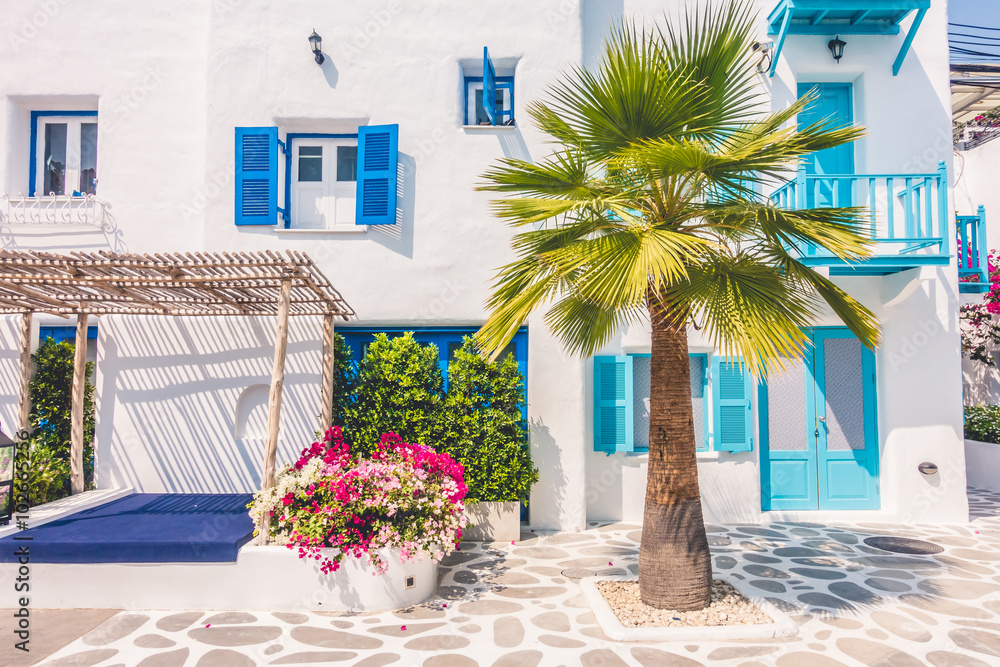 Beautiful architecture with santorini and greece style - obrazy, fototapety, plakaty 