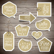 Stickers on rustic wood background for cafe and restaurant