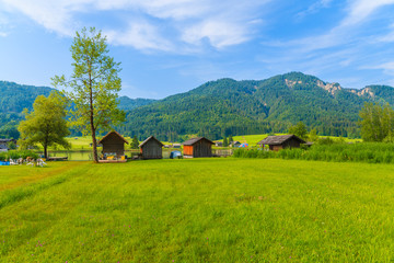 Green meadow in small alpine village on shore of Weissensee lake with traditional boat houses in background, Austria