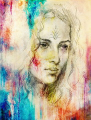 Wall Mural - Drawing portrait Young woman with ornament on face, color painting on abstract background, computer collage.