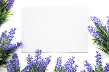 Artifical Lavender Flowers And Blank Paper Mockup.