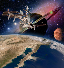 Wall Mural - earth satellite astronomy international space station iss saturn planet mars. elements of this image