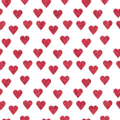 Pattern with red glitter textured hearts confetti on white backg