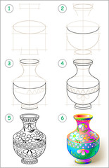 Wall Mural - Page shows how to learn step by step to draw beautiful vase. Vector image.