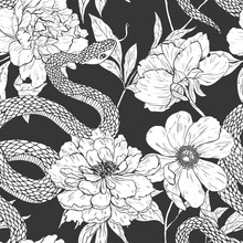 Snakes And Flowers Seamless Pattern.