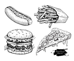 Wall Mural - Vector vintage fast food drawing set.